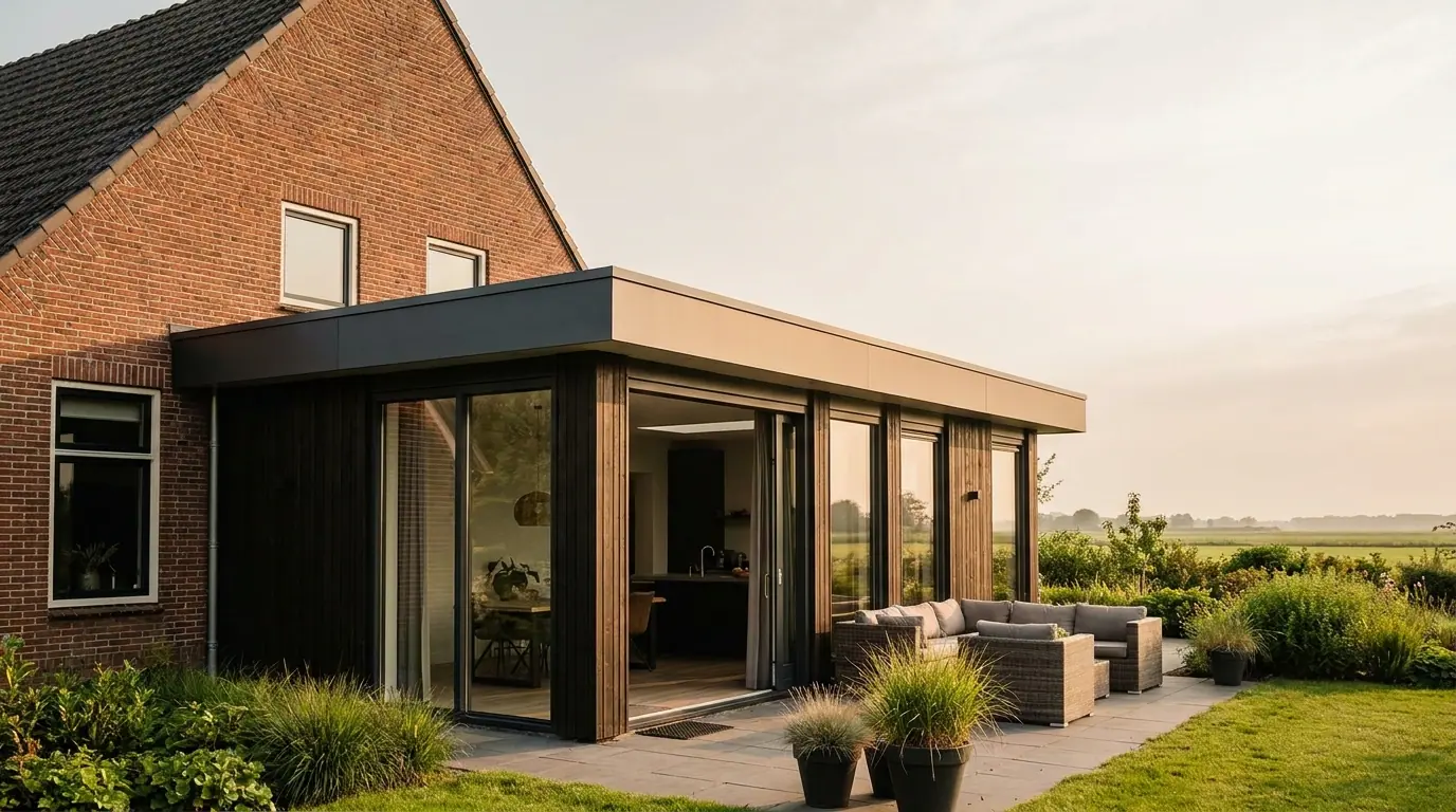 Moderne aanbouw met glazen schuifpui